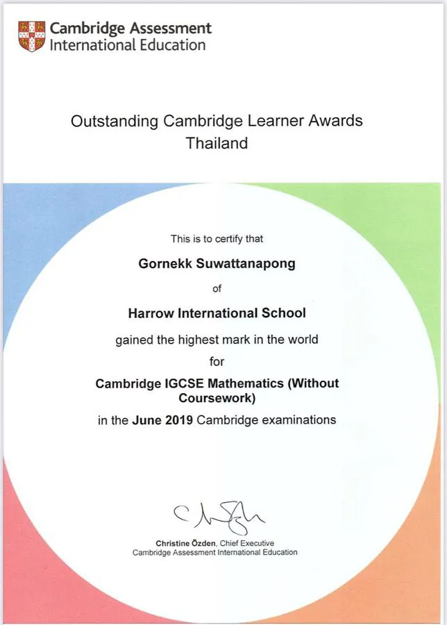 Outstanding Cambridge Learner Award certificate — highest mark in the world, IGCSE Mathematics